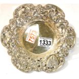 Sterling silver imported silver repousse bottle coaster, D: 20 cm, 184g. P&P Group 2 (£18+VAT for