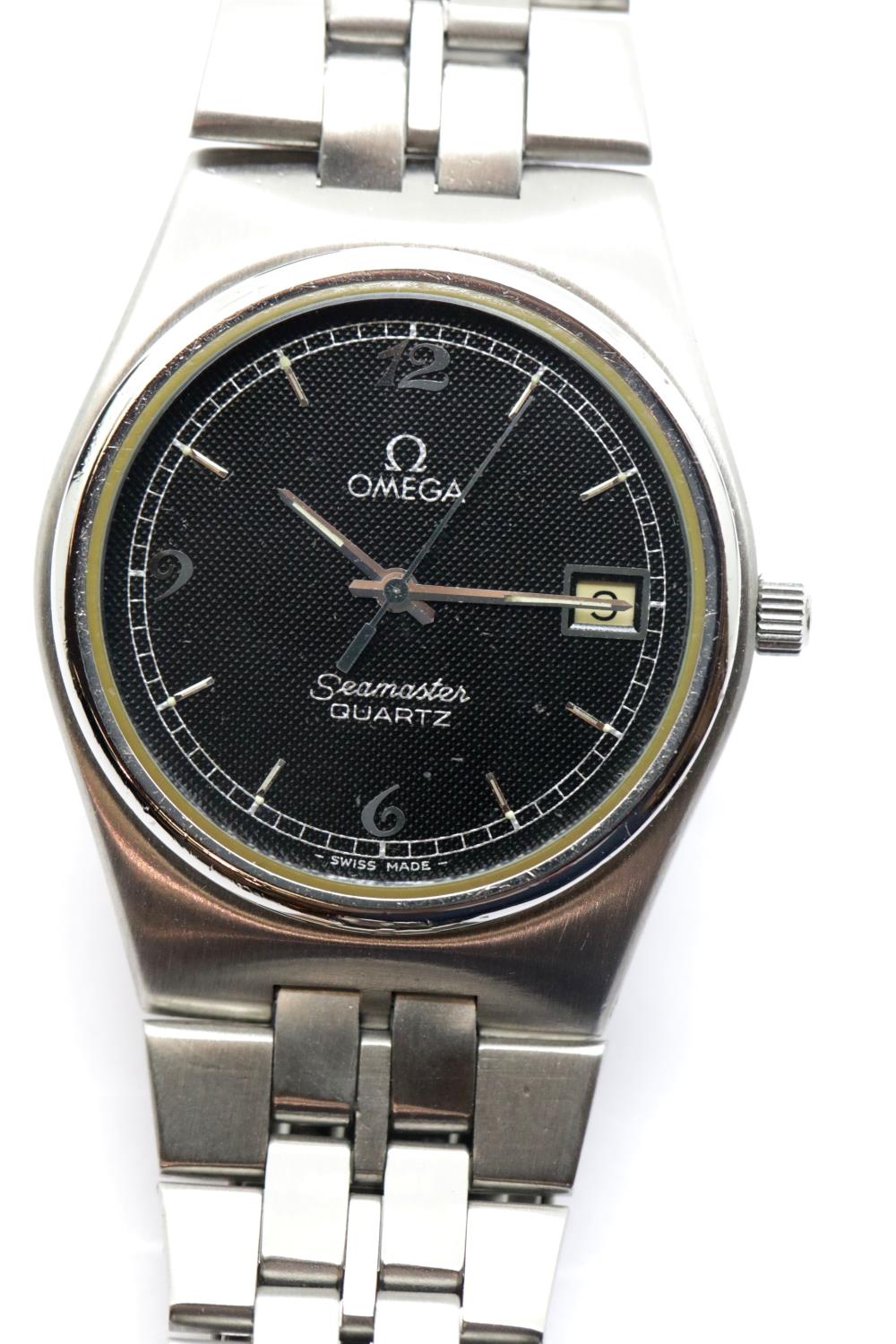 Gents Omega Seamaster quartz wristwatch c1977 stainless steel grey dial, original Omega strap. P&P