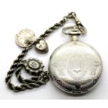 White metal pocket watch and chain, dial D: 3 mm, chain L: 19 cm, 49g. Working at lotting. P&P Group