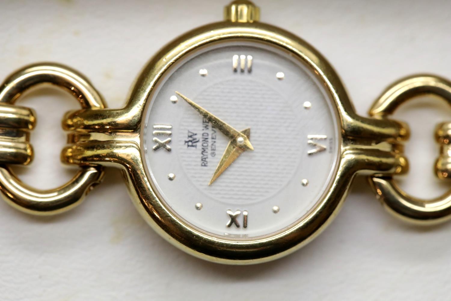 Ladies Raymond Weil gold plated cocktail watch with white dial in original box with paperwork. P&P