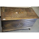 Antique oak chest with carved galleon to top and further decoration, 82 x 43 x 47 cm H. Not
