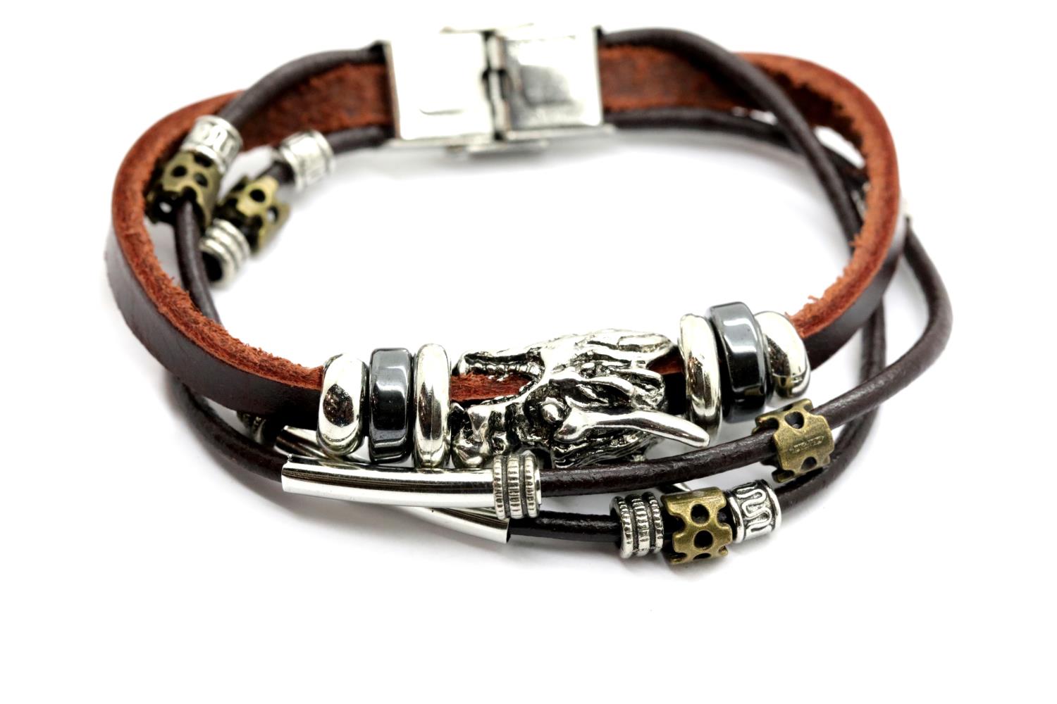 Gents leather cord bracelet with white metal dragon. P&P Group 1 (£14+VAT for the first lot and £1+