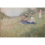 Tom Durkin oil on canvas of three young girls in a poppy field, 48 x 36 cm. Not available for in-