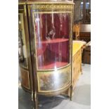 Louis XV style ormolu mounted kingwood French corner vitrine with painted lower panel, H: 152 cm.