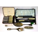 Collection of silver plated items including fish servers, dressing table trinket box, knives etc.