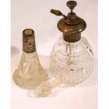 Hallmarked Birmingham silver top atomiser and a cut glass scent bottle with hallmarked collar