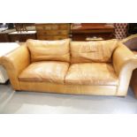 Brown leather Laura Ashley tan leather large sofa, L: 224 cm. Not available for in-house P&P