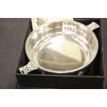 Large boxed polished pewter Scottish quaich, D: 17.5 cm. Not available for in-house P&P