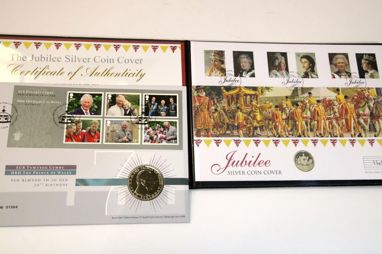 Jubilee silver coin stamps cover 140/500 and a Prince of Wales 70th birthday £5 coin. P&P Group