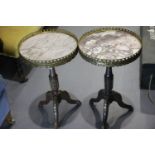 Near pair of French circular marble tables with brass decoration and tripod base, D: 34 cm, H: 59