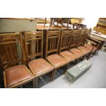 Seven carved Art Nouveau type dining chairs with upholstered seats (6+1). Seat H: 43 cm, back H: 107