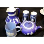 *** WITHDRAWN *** Three Wedgwood blue jasperware items including a water jug and two vases. P&P