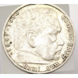 1937 - Namibia Silver 5 Reichsmark with Swastika / Roman Eagle - Depiction of Hindenburg Obverse ;