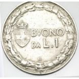 1922 Silver Italian 1 Lira. P&P Group 1 (£14+VAT for the first lot and £1+VAT for subsequent lots)