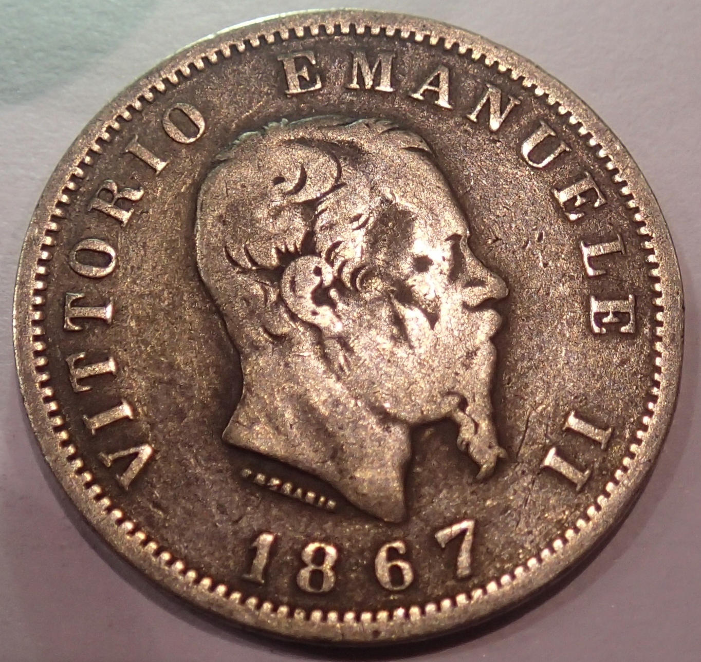 1867 - Silver 1 Lira - Italy. P&P Group 1 (£14+VAT for the first lot and £1+VAT for subsequent lots)