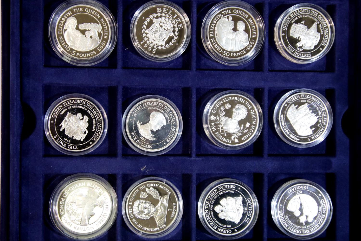 Twelve silver proof Queen Mother commemorative coins. P&P Group 1 (£14+VAT for the first lot and £