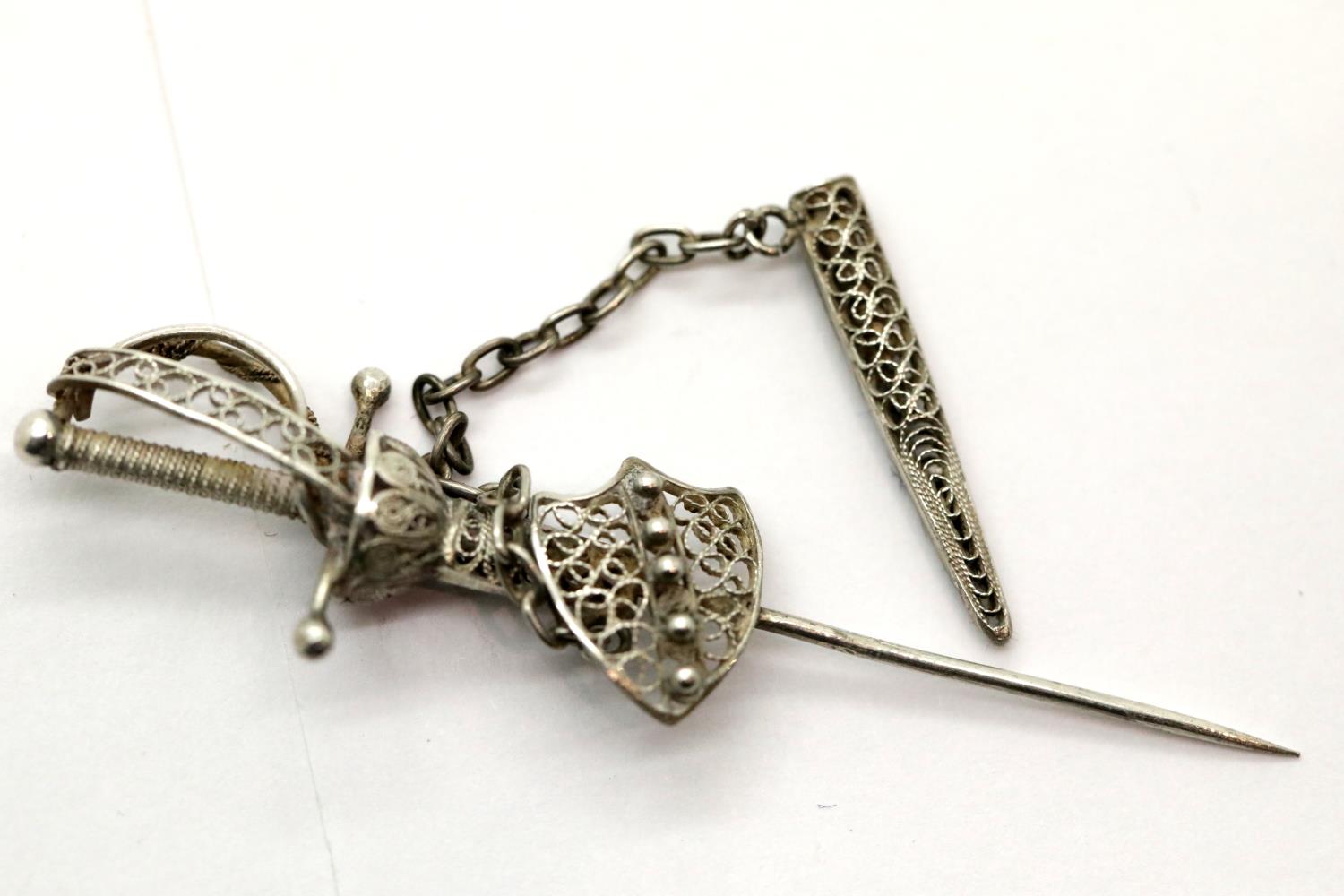 Silver plated pin brooch in form of a sword, L: 7 cm. P&P Group 1 (£14+VAT for the first lot and £ - Image 2 of 2