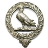 Antique white metal Scottish clan Ralston brooch with Fide et Marte motto, D: 5 cm, missing back