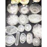 Three boxes of pressed glass dishes, bowls etc. Not available for in-house P&P