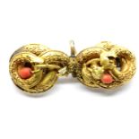 Yellow metal coral set brooch, 6.4g, W: 4.5 cm, no hallmarks. P&P Group 1 (£14+VAT for the first lot