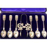 Cased set of six tea spoons and sugar tongs, hallmarked London. P&P Group 2 (£18+VAT for the first