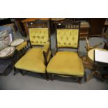 Edwardian ladies and gents upholstered chairs with carved backs and ceramic castors. Not available