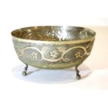 Three footed 830 silver bowl with floral decoration, D: 18 cm, 246g. P&P Group 1 (£14+VAT for the