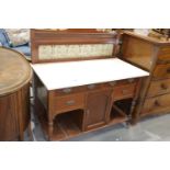 Edwardian walnut marble top wash stand with tile back, 101 x 57 x 110 cm H. Not available for in-