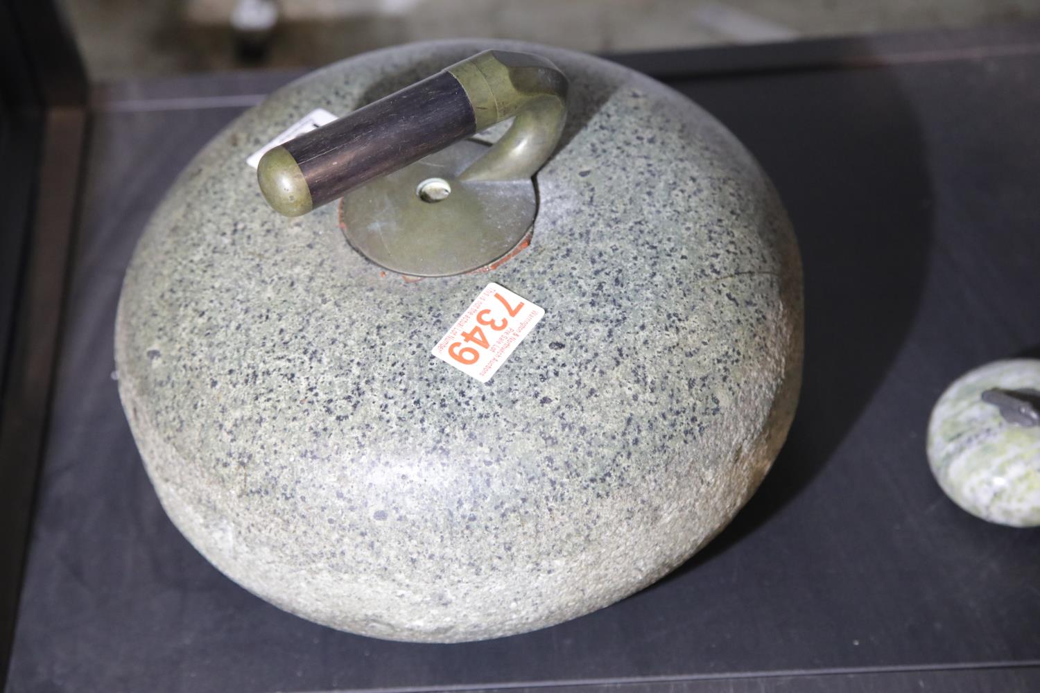 Vintage Ailsa Craig granite curling stone and a granite curling stone paperweight. Not available for