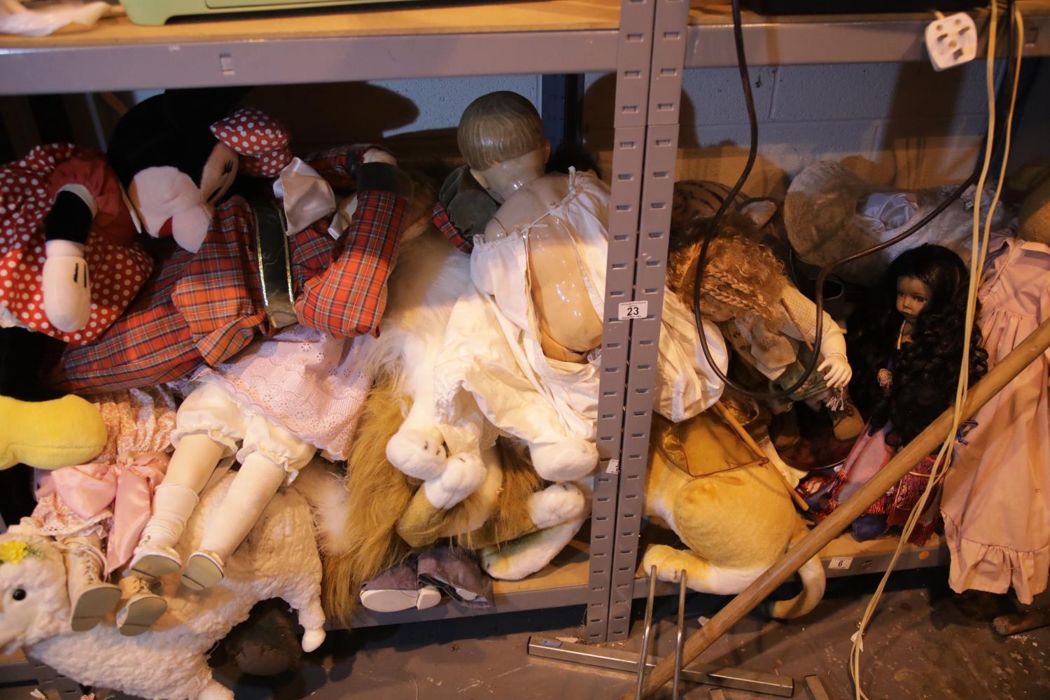 Two shelves of mixed dolls and teddies. Not available for in-house P&P.