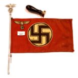 German WWII type car pennant on a chromed eagle and swastika pole and two Nazi wooden handled