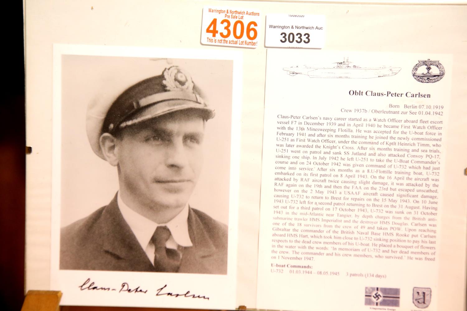 Oberleutnant Claus-Peter Carlsen, Commander of U-732 signed photograph with information. Posted