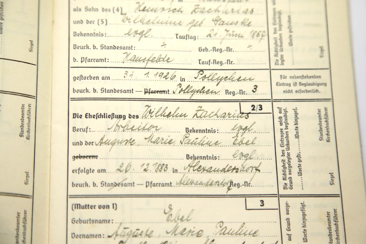 German Third Reich type Ahnenpass canvas covered book issued to Hermine Auguste Zacharias, partly - Image 2 of 2