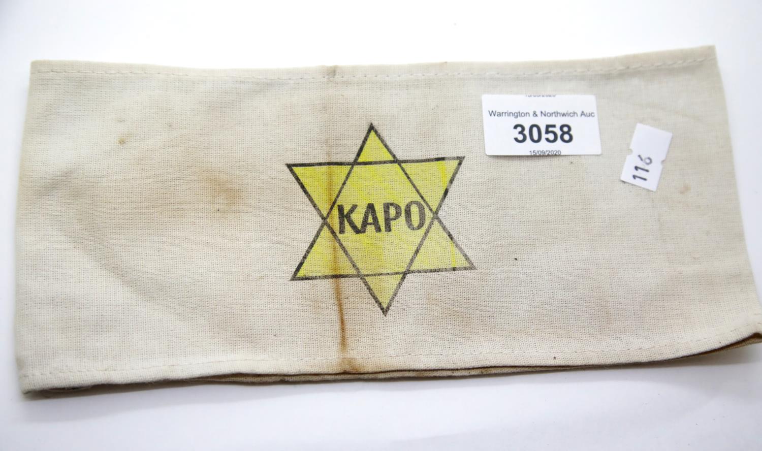 WWII type Jewish KAPO armband. P&P Group 1 (£14+VAT for the first lot and £1+VAT for subsequent