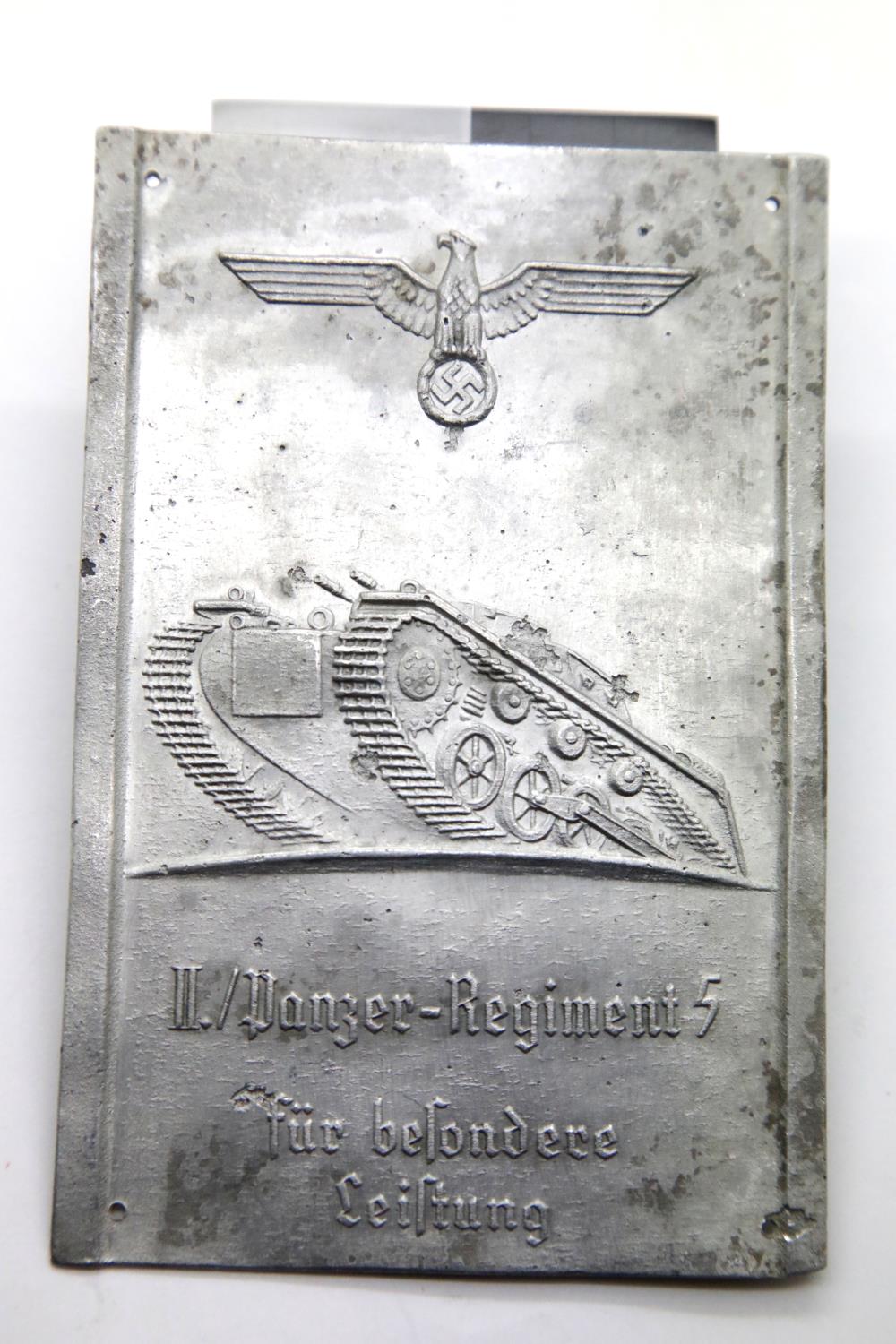 German WWII type Panzer Regiment 5 Special Achievement pressed aluminium plaque, 13 x 9 cm. P&P