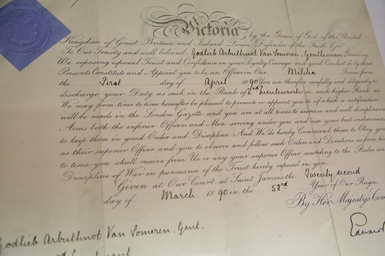 Victoria, a military commission signed by Queen Victoria upper-left, appointing Godlieb Arbuthnot - Image 2 of 4