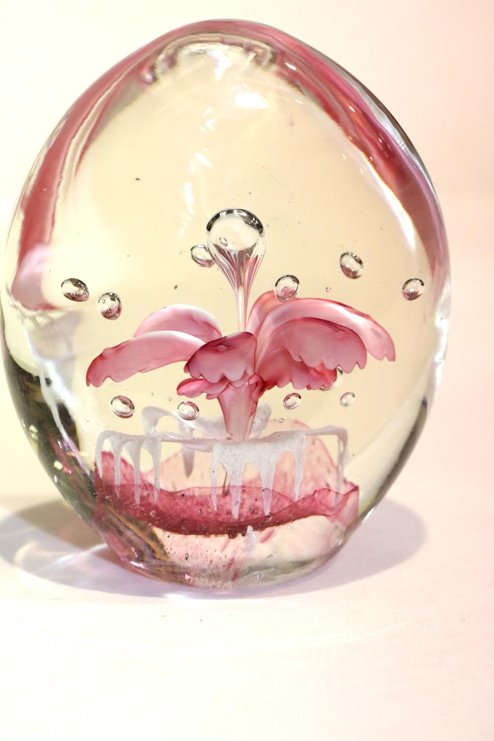 Large antique hand blown glass dump paperweight with pink internal flower and polished pontil, H: 10