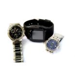 Three gents wristwatches; Swatch Irony and Festina and a Smart watch. All require batteries.P&P