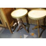 Near pair of French marble top tables with brass mounts, D: 39 cm, H: 56 cm. Not available for in-