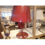 Modern red metal table lamp with metal shade. Not available for in-house P&P. Condition Report: