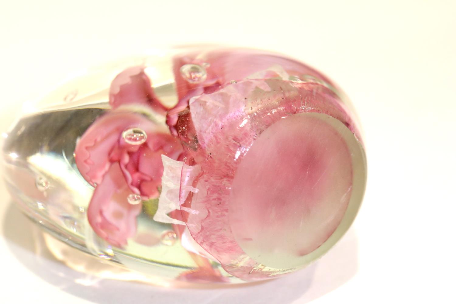 Large antique hand blown glass dump paperweight with pink internal flower and polished pontil, H: 10 - Image 2 of 2