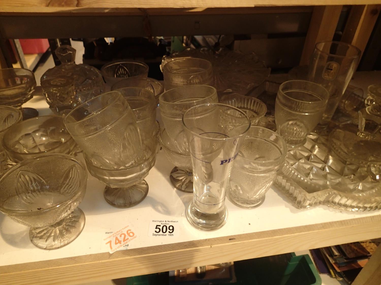 Shelf of mixed glassware. Not available for in-house P&P.