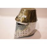 Early re-enactment Medieval knight's steel great helm. helmet Not available for in-house P&P.