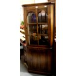 Modern oak priory style corner display cabinet, glazed and cupboard doors with linenfold design,