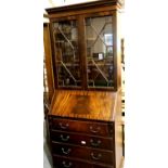 Mahogany bureau bookcase with four drawers and fitted interior with astragal glazed doors, H: 190