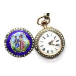 French gold plated fob watch set with seed pearls on an enamel hanger. Not available for in-house