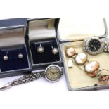 Two pairs of stone set silver earrings, two ladies wristwatches and a Cameo bracelet (A/F). P&P
