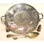 Plated twin handle platter with two silver peppers and two spoons, silver weight 93g. P&P Group