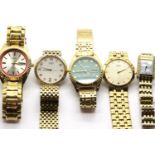 Five Citizen gold plated wristwatches including a mechanical day date example. P&P Group 1 (£14+