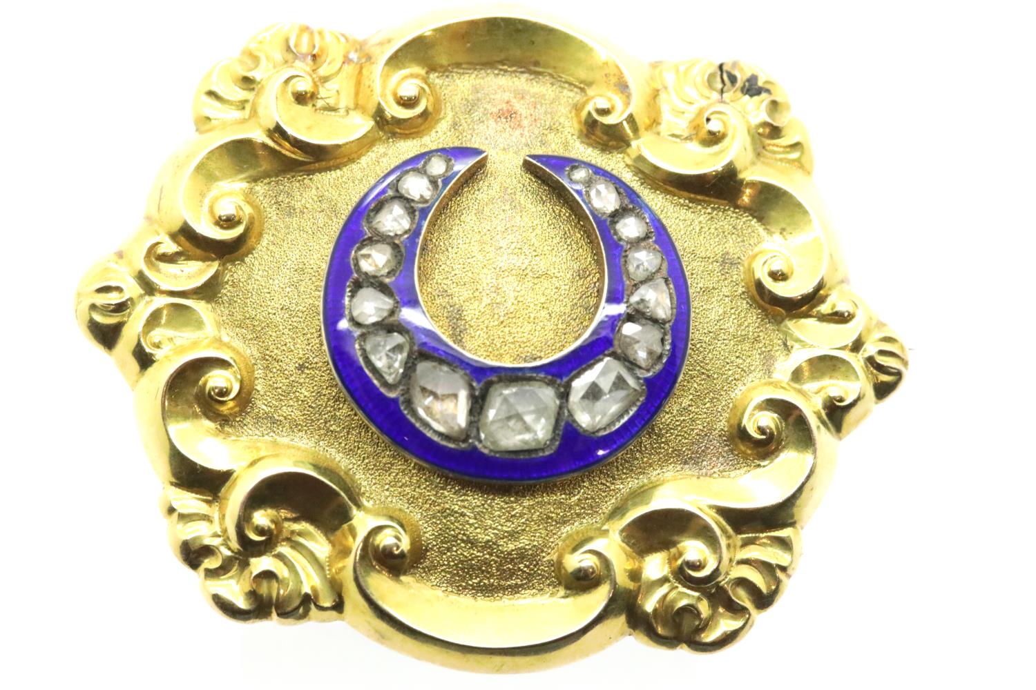 Victorian mourning brooch, tested as 15-18ct gold, with enamelled horseshoe set with array of